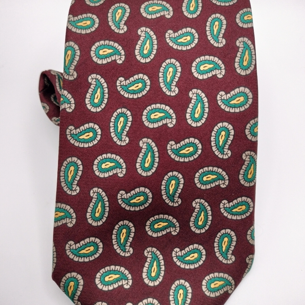 LANDS' END Debonaire Burgundy Green Gray Paisley Men's Silk Neck Tie - Picture 2 of 10